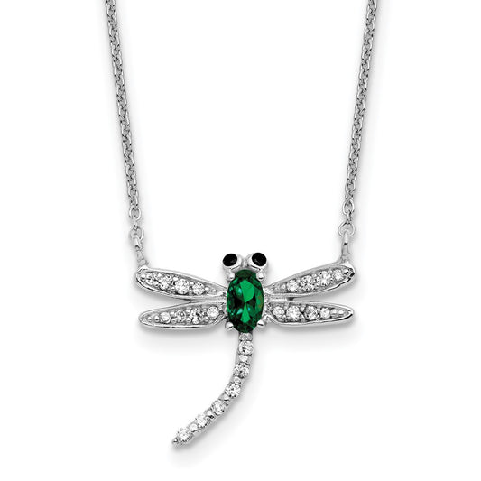 Cheryl M Sterling Silver Rhodium-plated Polished Green Glass and CZ Dragonfly 16 Inch with 2 Inch Extension Necklace QCM1906-16