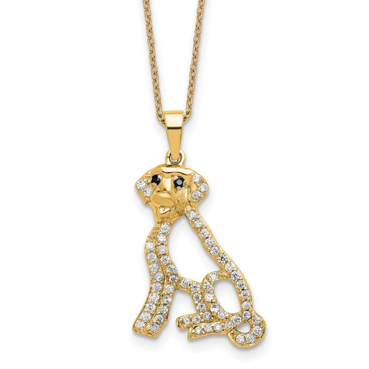 Cheryl M Sterling Silver Gold-plated Polished Black and White CZ Dog 16 Inch with 2 Inch Extension Necklace QCM1907Y-16