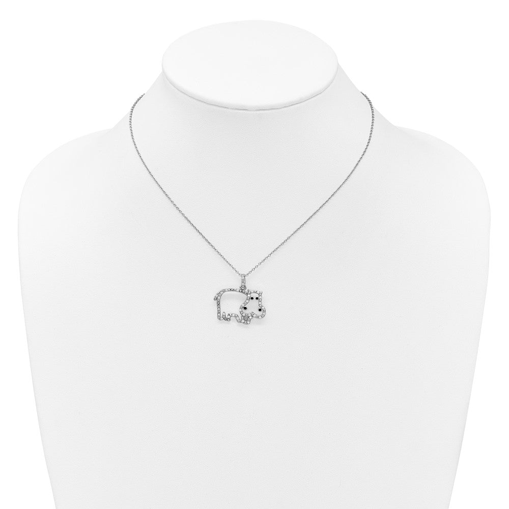 Cheryl M Sterling Silver Rhodium-plated Polished and Enameled CZ Hippopotamus 16 Inch with 2 Inch Extension Necklace QCM1908-16
