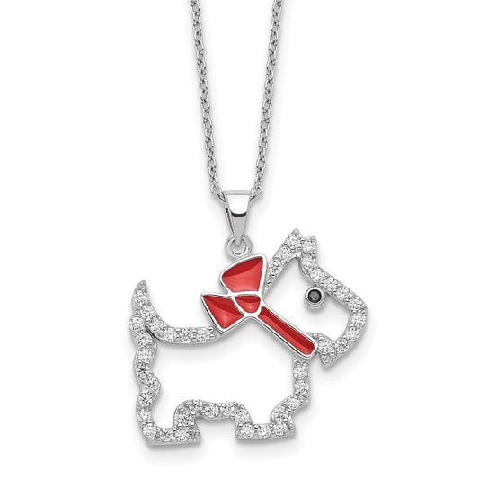 Cheryl M Sterling Silver Rhodium-plated Polished and Enameled Black and White CZ Scottie Dog 16 Inch with 2 Inch Extension Necklace QCM1911-16