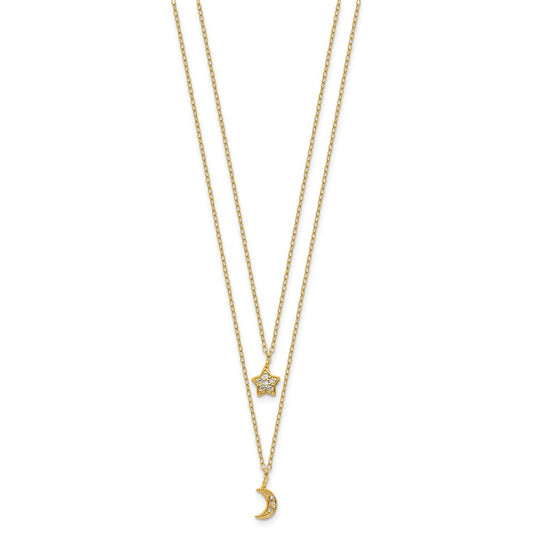 Cheryl M Sterling Silver Gold-plated Polished 2-Strand CZ Moon and Star 16 Inch with 2 Inch Extension Necklace QCM1913Y-16
