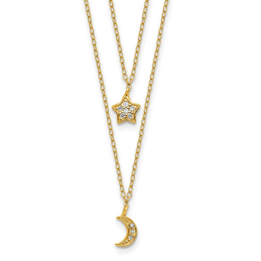 Cheryl M Sterling Silver Gold-plated Polished 2-Strand CZ Moon and Star 16 Inch with 2 Inch Extension Necklace QCM1913Y-16