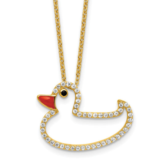 Cheryl M Sterling Silver Gold-plated Polished Black and White CZ Enameled Duck 16 Inch with 2 Inch Extension Necklace QCM1914Y-16
