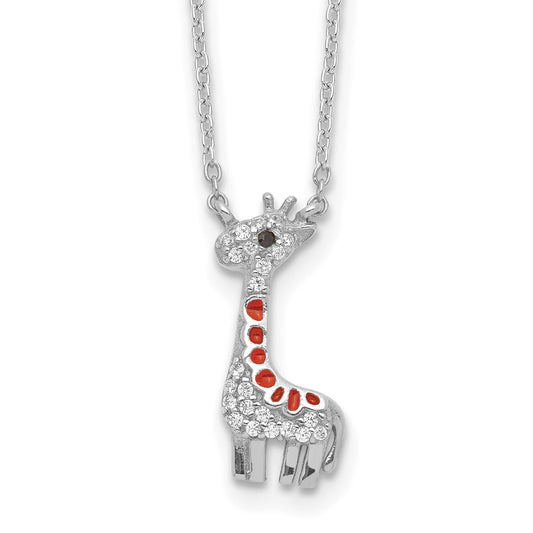 Cheryl M Sterling Silver Rhodium-plated Polished and Enameled Black and White CZ Giraffe 16 Inch with 2 Inch Extension Necklace QCM1915-16