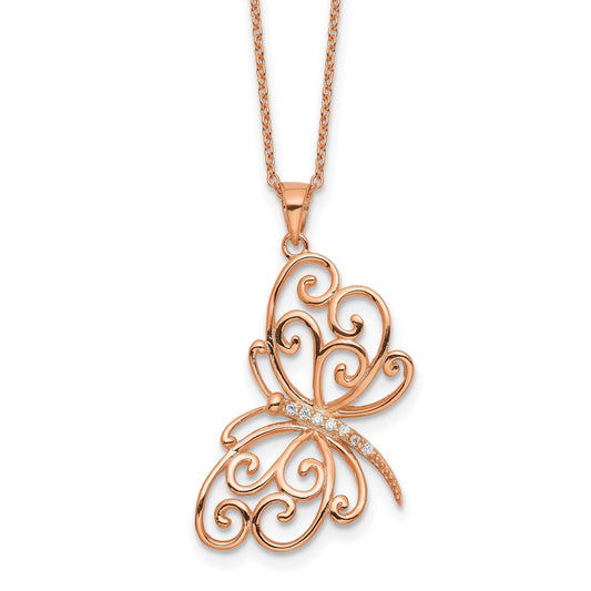 Cheryl M Sterling Silver Rose Gold-plated Polished CZ Butterfly 16 Inch with 2 Inch Extension Necklace QCM1916P-16