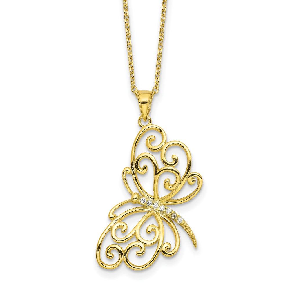 Cheryl M Sterling Silver Gold-plated Polished CZ Butterfly 16 Inch with 2 Inch Extension Necklace QCM1916Y-16