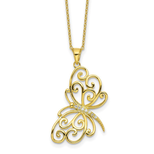 Cheryl M Sterling Silver Gold-plated Polished CZ Butterfly 16 Inch with 2 Inch Extension Necklace QCM1916Y-16