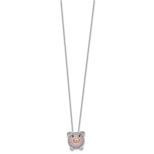 Cheryl M Sterling Silver Rhodium and Rose Gold-plated Polished Multicolor CZ Pig 16 Inch with 2 Inch Extension Necklace QCM1918-16