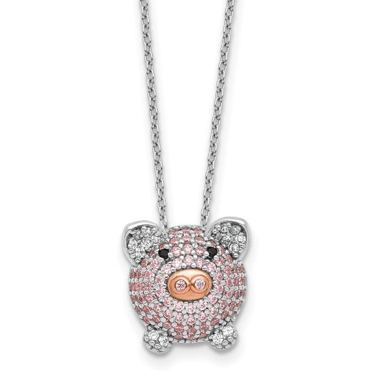 Cheryl M Sterling Silver Rhodium and Rose Gold-plated Polished Multicolor CZ Pig 16 Inch with 2 Inch Extension Necklace QCM1918-16