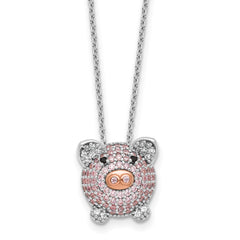Cheryl M Sterling Silver Rhodium and Rose Gold-plated Polished Multicolor CZ Pig 16 Inch with 2 Inch Extension Necklace QCM1918-16