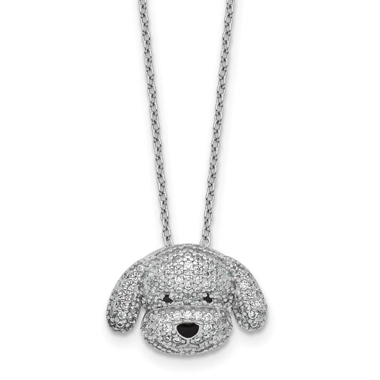 Cheryl M Sterling Silver Rhodium-plated Polished and Enameled Black and White CZ Dog 16 Inch with 2 Inch Extension Necklace QCM1919-16