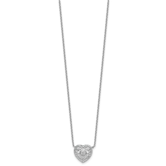 Cheryl M Sterling Silver Rhodium-plated Polished Filigree CZ Heart 16 Inch with 2 Inch Extension Necklace QCM1922-16