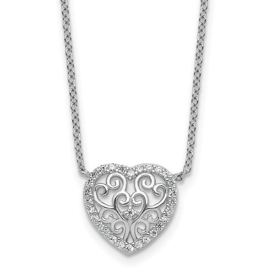 Cheryl M Sterling Silver Rhodium-plated Polished Filigree CZ Heart 16 Inch with 2 Inch Extension Necklace QCM1922-16