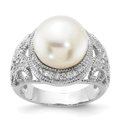 Cheryl M Sterling Silver Rhodium-plated Polished and Textured CZ and Freshwater Cultured Pearl Ring