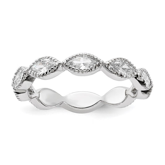 Cheryl M Sterling Silver Rhodium-plated Polished and Beaded Navette CZ Ring