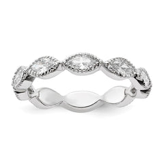 Cheryl M Sterling Silver Rhodium-plated Polished and Beaded Navette CZ Ring