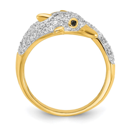 Cheryl M Sterling Silver Gold-plated Polished Pave Black and White CZ Dolphin Ring