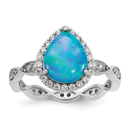 Cheryl M Sterling Silver Rhodium-plated Polished Blue Lab Created Opal and CZ Teardrop Halo Ring