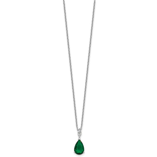 Cheryl M Sterling Silver Rhodium-plated Polished CZ and Green Glass Teardrop 18 Inch Necklace QCM1958-18