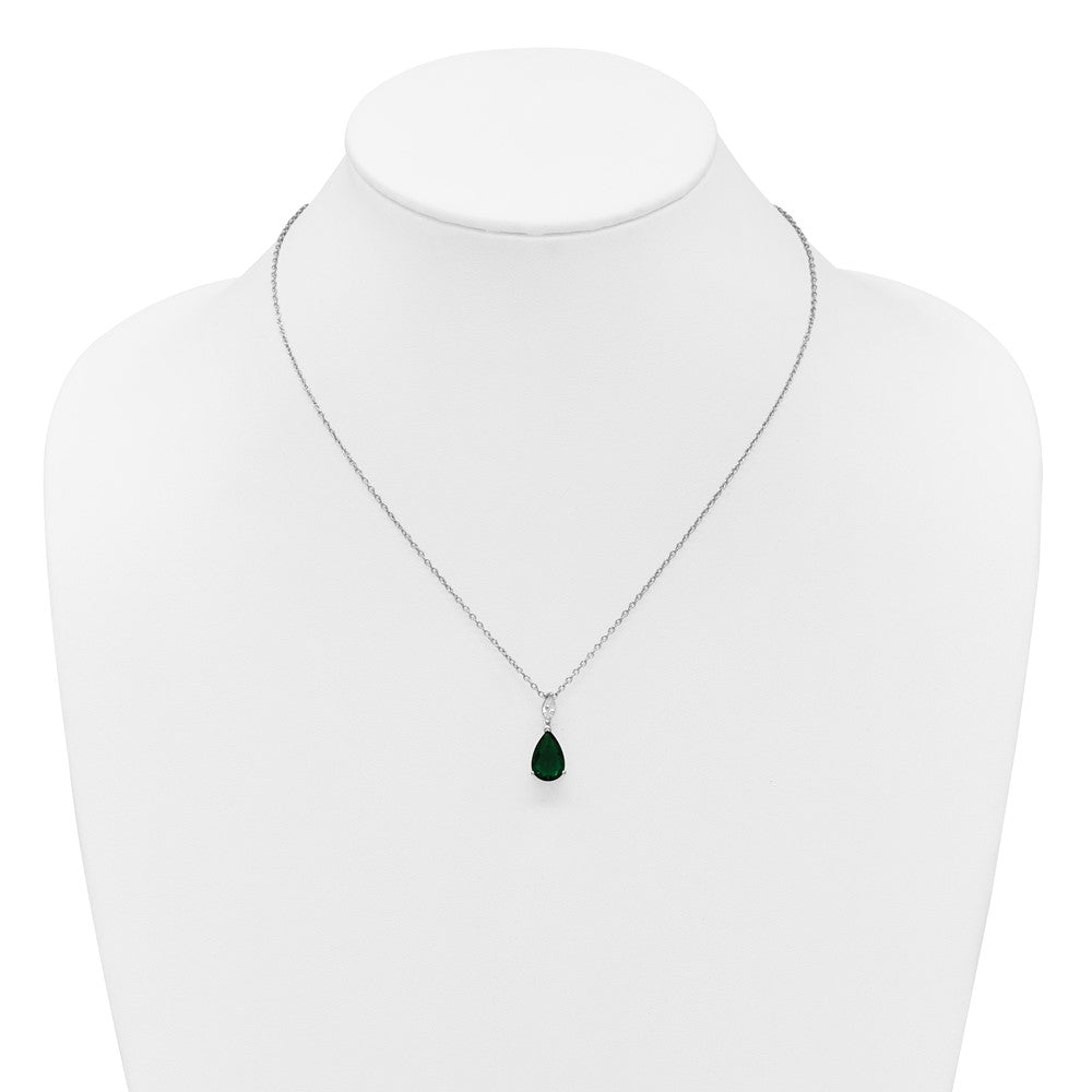 Cheryl M Sterling Silver Rhodium-plated Polished CZ and Green Glass Teardrop 18 Inch Necklace QCM1958-18