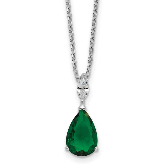 Cheryl M Sterling Silver Rhodium-plated Polished CZ and Green Glass Teardrop 18 Inch Necklace QCM1958-18