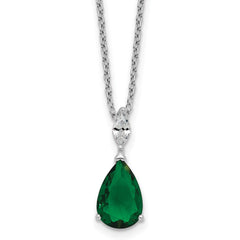 Cheryl M Sterling Silver Rhodium-plated Polished CZ and Green Glass Teardrop 18 Inch Necklace QCM1958-18