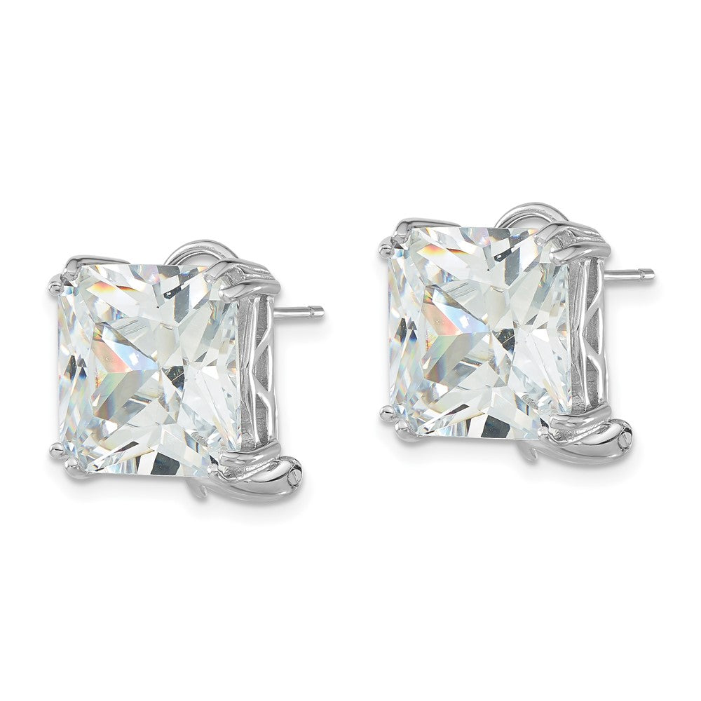 QCM1967 Cheryl M Sterling Silver Rhodium-plated Polished Cushion-cut CZ Post Omega Back Earrings