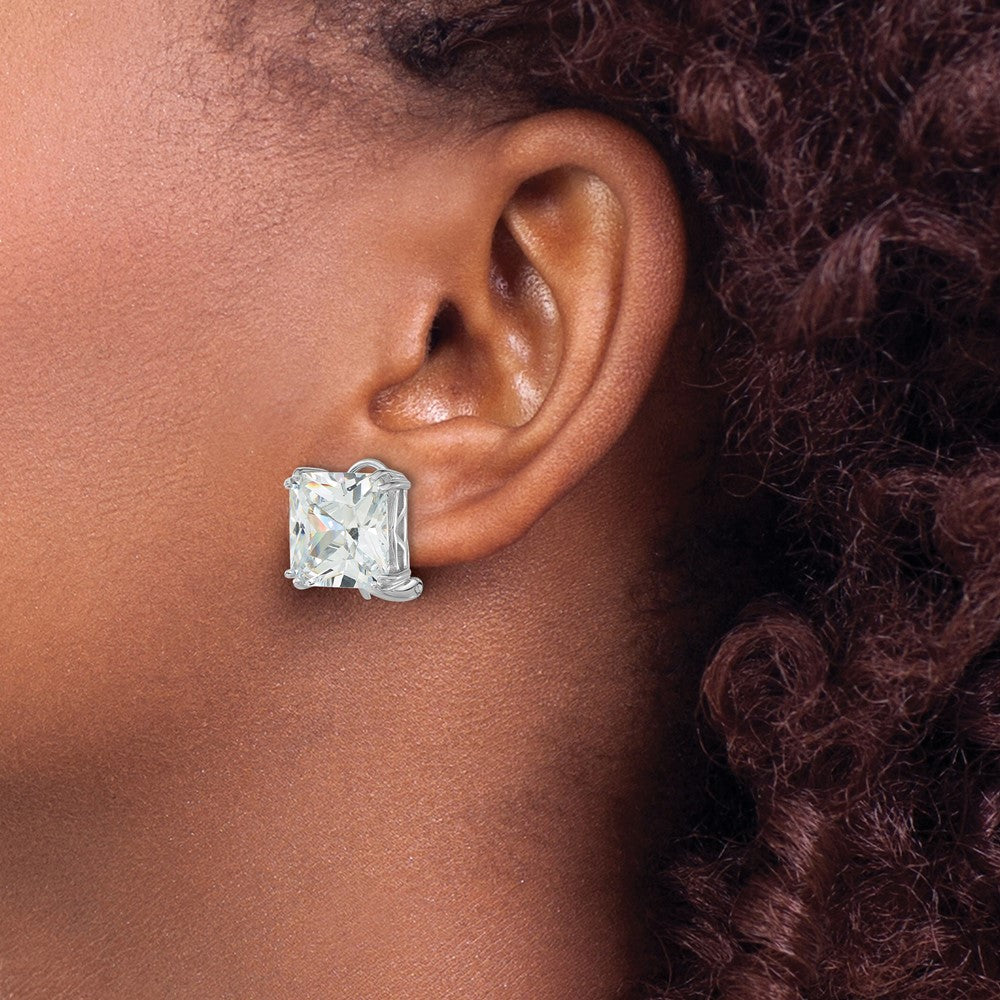 QCM1967 Cheryl M Sterling Silver Rhodium-plated Polished Cushion-cut CZ Post Omega Back Earrings