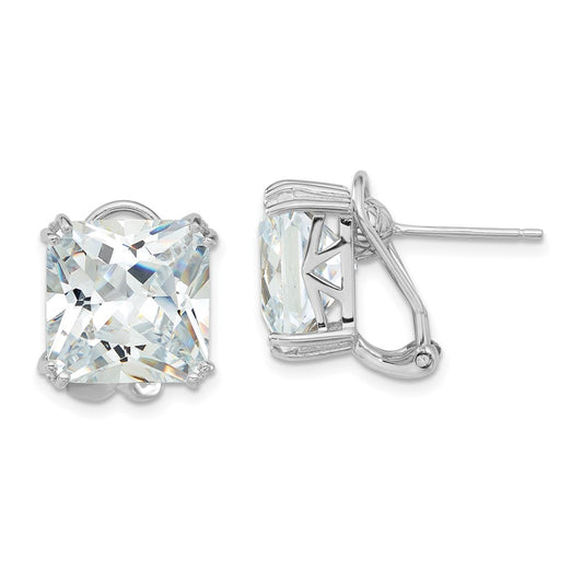 QCM1967 Cheryl M Sterling Silver Rhodium-plated Polished Cushion-cut CZ Post Omega Back Earrings