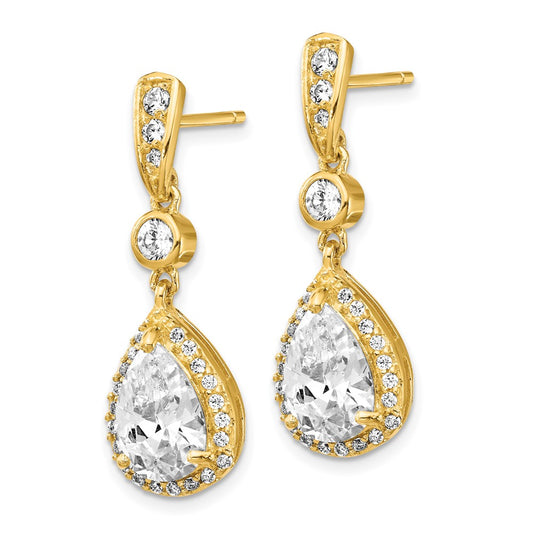 QCM218 Cheryl M Sterling Silver Gold-plated Brilliant-cut CZ Teardrop and Bezel Halo Post Dangle Earrings