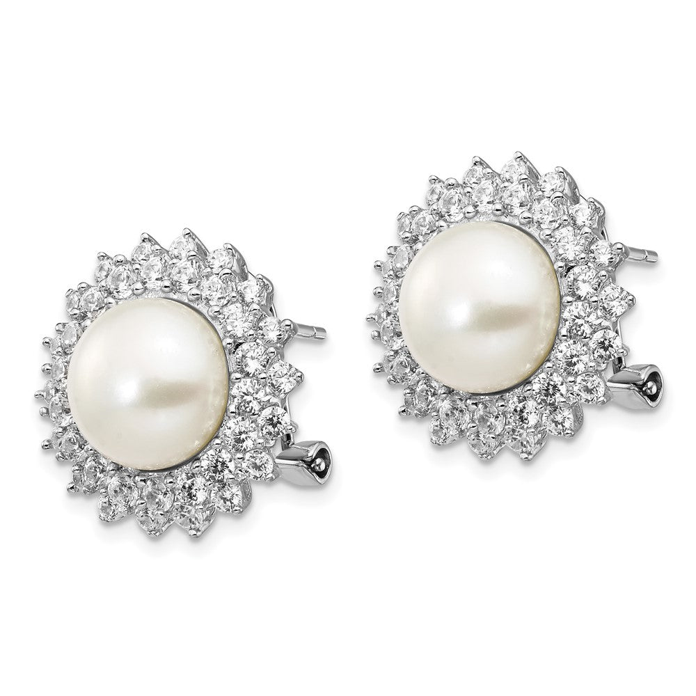 QCM289 Cheryl M Sterling Silver Rhodium-plated Freshwater Cultured Pearl and Brilliant-cut CZ Omega Back Earrings