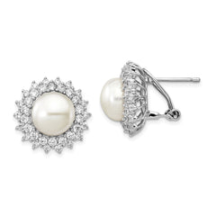 QCM289 Cheryl M Sterling Silver Rhodium-plated Freshwater Cultured Pearl and Brilliant-cut CZ Omega Back Earrings