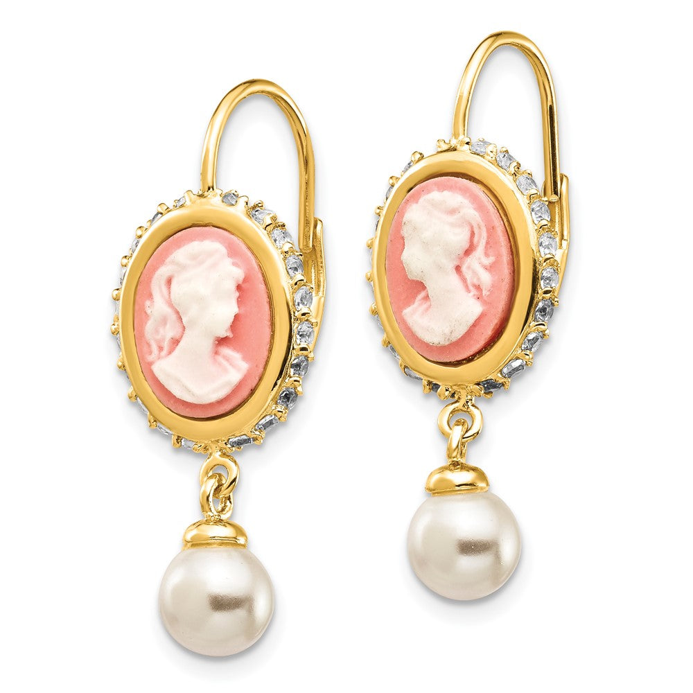 QCM308 Cheryl M Sterling Silver Gold-plated Glass Pearl Brilliant-cut CZ & Resin Cameo Leverback Dangle Earrings