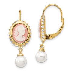 QCM308 Cheryl M Sterling Silver Gold-plated Glass Pearl Brilliant-cut CZ & Resin Cameo Leverback Dangle Earrings