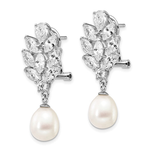 QCM313 Cheryl M Sterling Silver Rhodium-plated Teardrop Freshwater Cultured Pearl Marquise-cut and Brilliant-cut CZ Fancy Omega Back Dangle Earrings