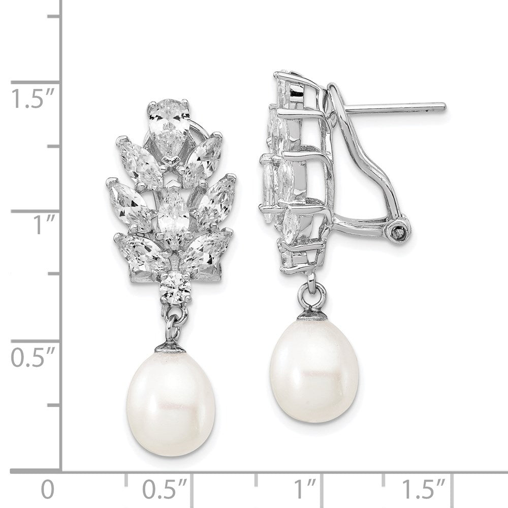 QCM313 Cheryl M Sterling Silver Rhodium-plated Teardrop Freshwater Cultured Pearl Marquise-cut and Brilliant-cut CZ Fancy Omega Back Dangle Earrings