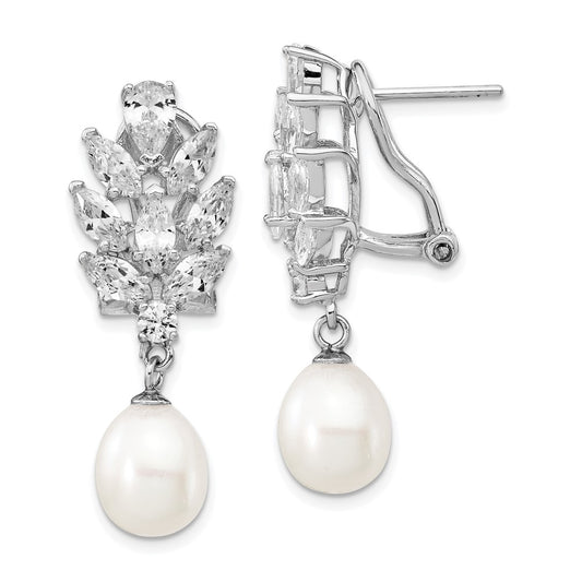 QCM313 Cheryl M Sterling Silver Rhodium-plated Teardrop Freshwater Cultured Pearl Marquise-cut and Brilliant-cut CZ Fancy Omega Back Dangle Earrings