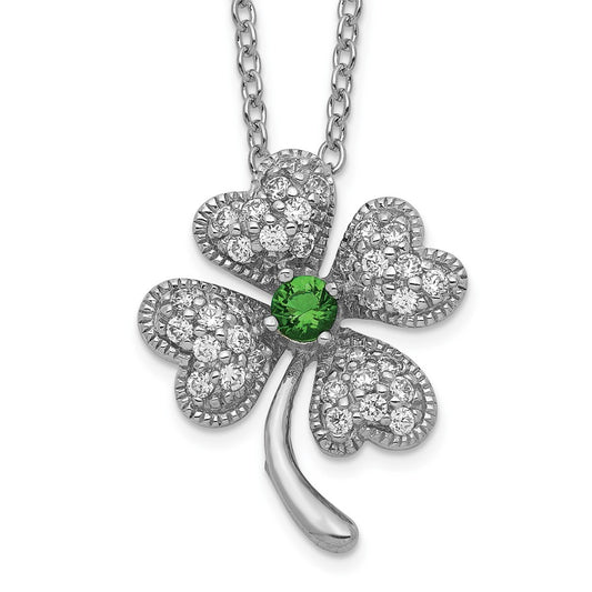 Cheryl M Sterling Silver Rhodium-plated Brilliant-cut Green Glass and Brilliant-cut White CZ Four Leaf Clover 18 Inch Necklace QCM367-18