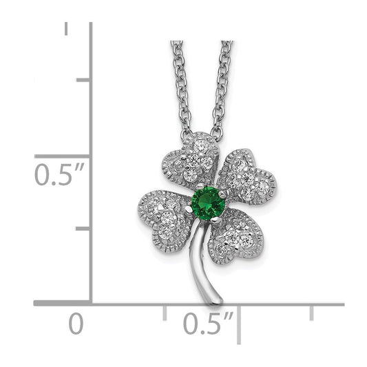 Cheryl M Sterling Silver Rhodium-plated Brilliant-cut Green Glass and Brilliant-cut White CZ Four Leaf Clover 15 Inch Necklace QCM368-15