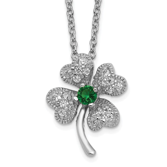 Cheryl M Sterling Silver Rhodium-plated Brilliant-cut Green Glass and Brilliant-cut White CZ Four Leaf Clover 15 Inch Necklace QCM368-15