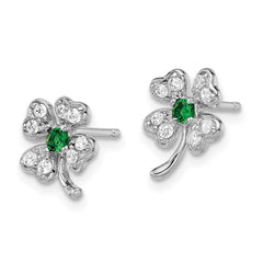 QCM369 Cheryl M Sterling Silver Rhodium-plated Brilliant-cut Green Glass and Brilliant-cut White CZ Four Leaf Clover Post Earrings