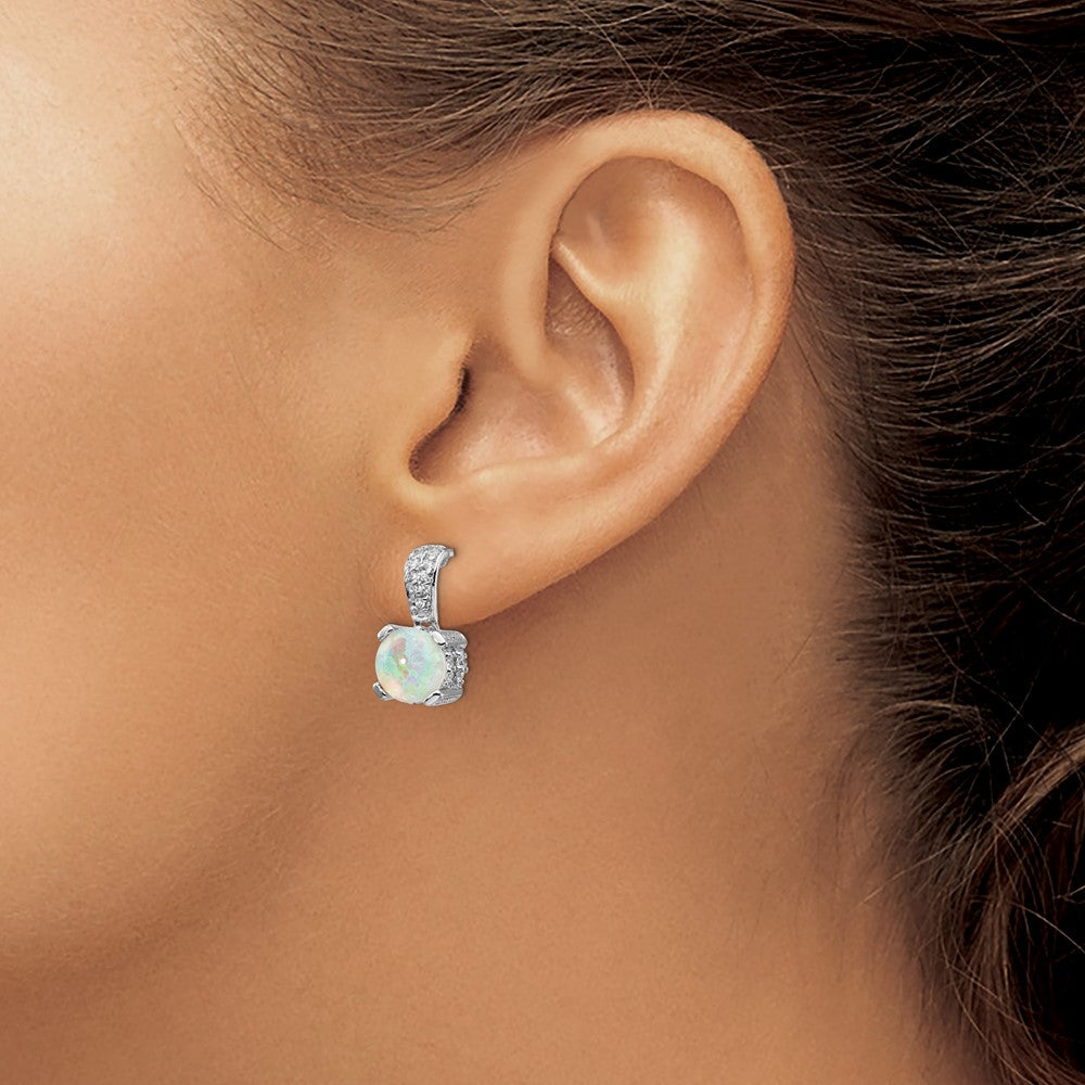 QCM377 Cheryl M Sterling Silver Rhodium-plated 8mm Cabochon Lab Created Opal and Brilliant-cut CZ Post Dangle Earrings