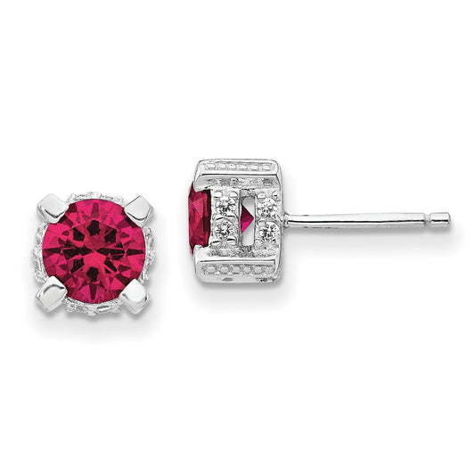 QCM467 Cheryl M Sterling Silver Rhodium-plated Brilliant-cut 6.5mm Lab Created Ruby and Brilliant-cut White CZ Stud Post Earrings