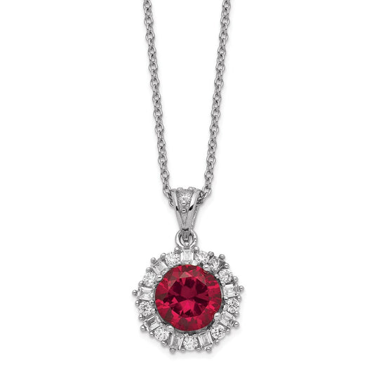 Cheryl M Sterling Silver Rhodium-plated Brilliant-cut Lab Created Ruby and Brilliant-cut/Baguette-cut White CZ 18 Inch Necklace QCM468-18