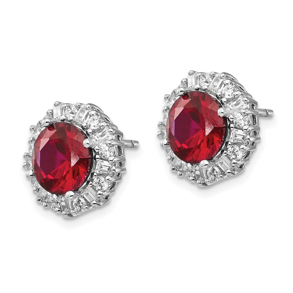 QCM472 Cheryl M Sterling Silver Rhodium-plated Brilliant-cut Lab Created Ruby and Brilliant-cut/Baguette-cut White CZ Post Earrings