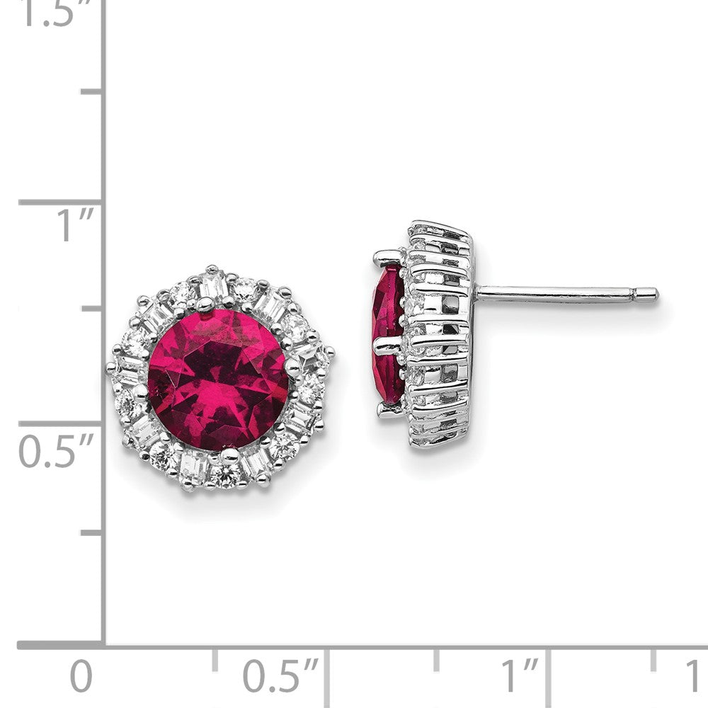QCM472 Cheryl M Sterling Silver Rhodium-plated Brilliant-cut Lab Created Ruby and Brilliant-cut/Baguette-cut White CZ Post Earrings