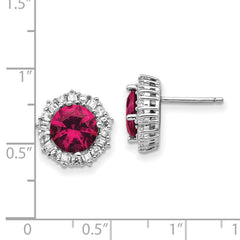 QCM472 Cheryl M Sterling Silver Rhodium-plated Brilliant-cut Lab Created Ruby and Brilliant-cut/Baguette-cut White CZ Post Earrings