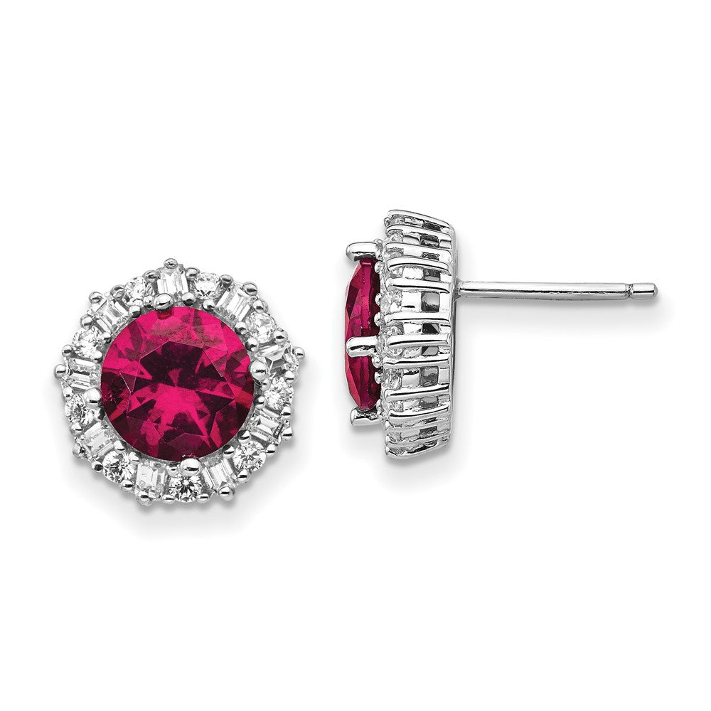 QCM472 Cheryl M Sterling Silver Rhodium-plated Brilliant-cut Lab Created Ruby and Brilliant-cut/Baguette-cut White CZ Post Earrings