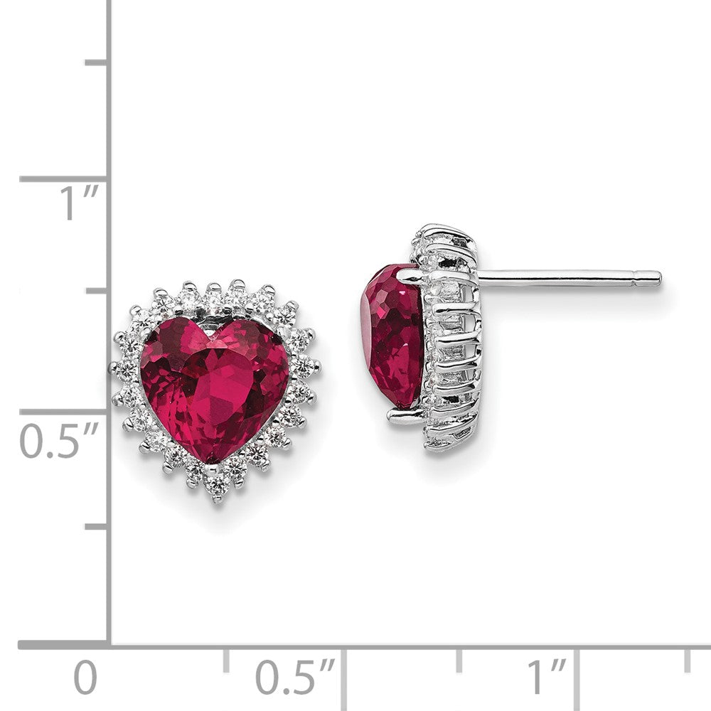 QCM474 Cheryl M Sterling Silver Rhodium-plated 100 Facet Lab Created Ruby and Brilliant-cut White CZ Heart Halo Post Earrings