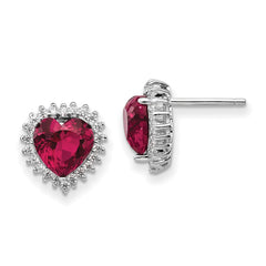 QCM474 Cheryl M Sterling Silver Rhodium-plated 100 Facet Lab Created Ruby and Brilliant-cut White CZ Heart Halo Post Earrings